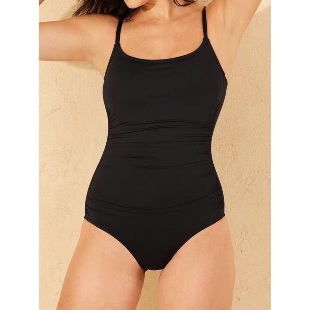 Shade & Shore Women's Shirred Scoop Neck Full Coverage 1pc Swimsuit - Black - L‎